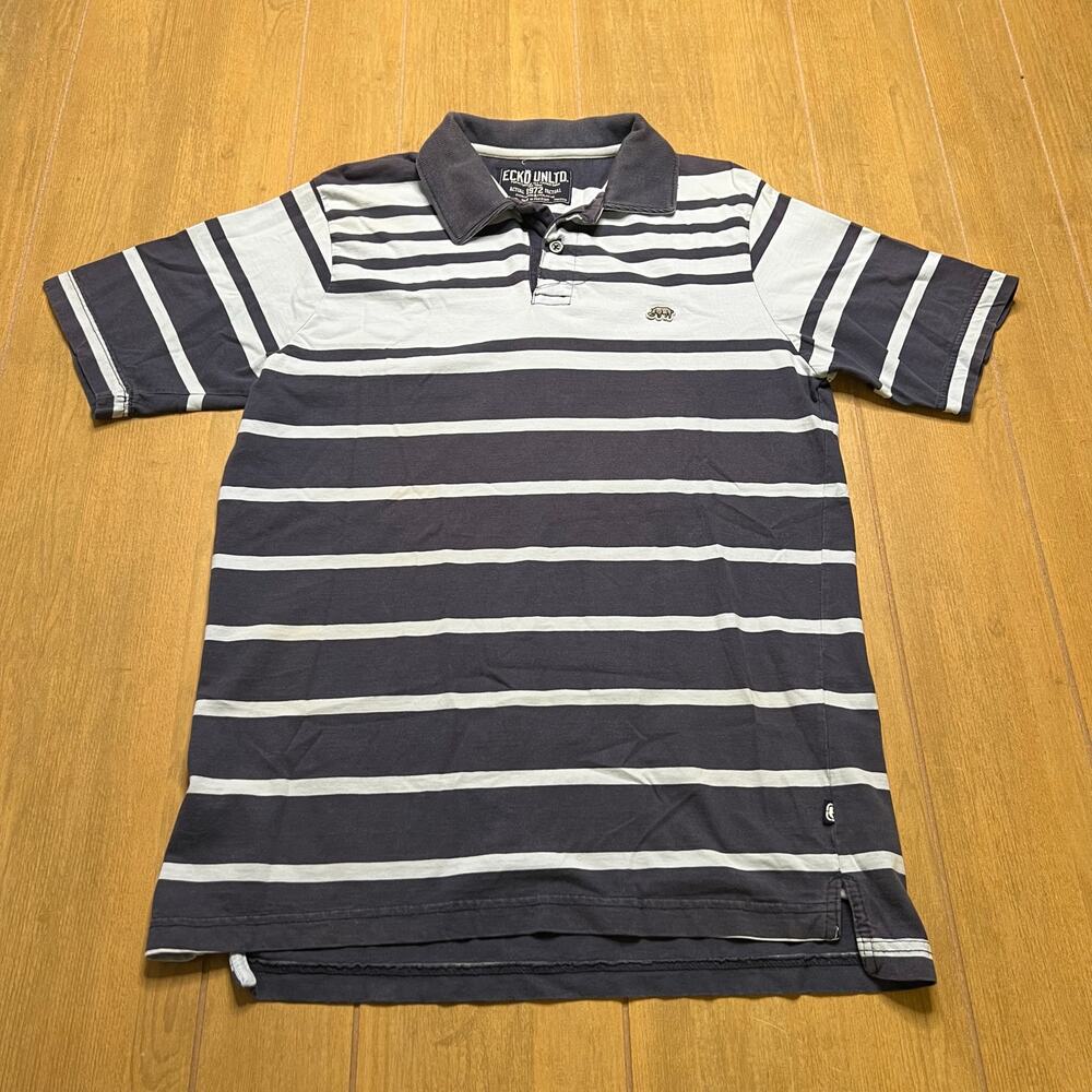 Vintage Y2K Ecko Unltd Short Sleeve Striped Polo Shirt Blue Gray Men's Sz Sz L